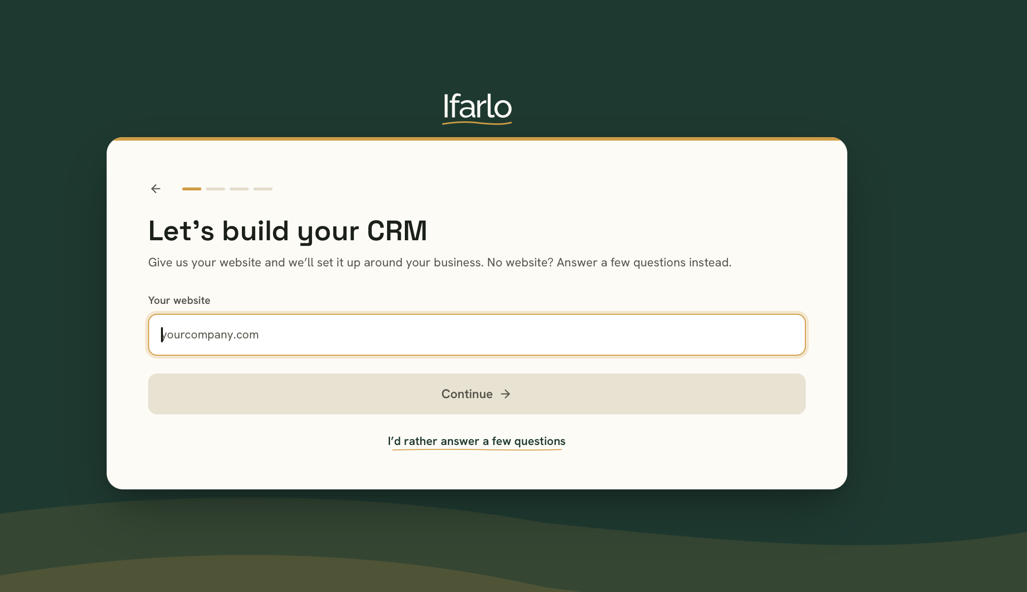The Ifarlo onboarding screen asking for your website address