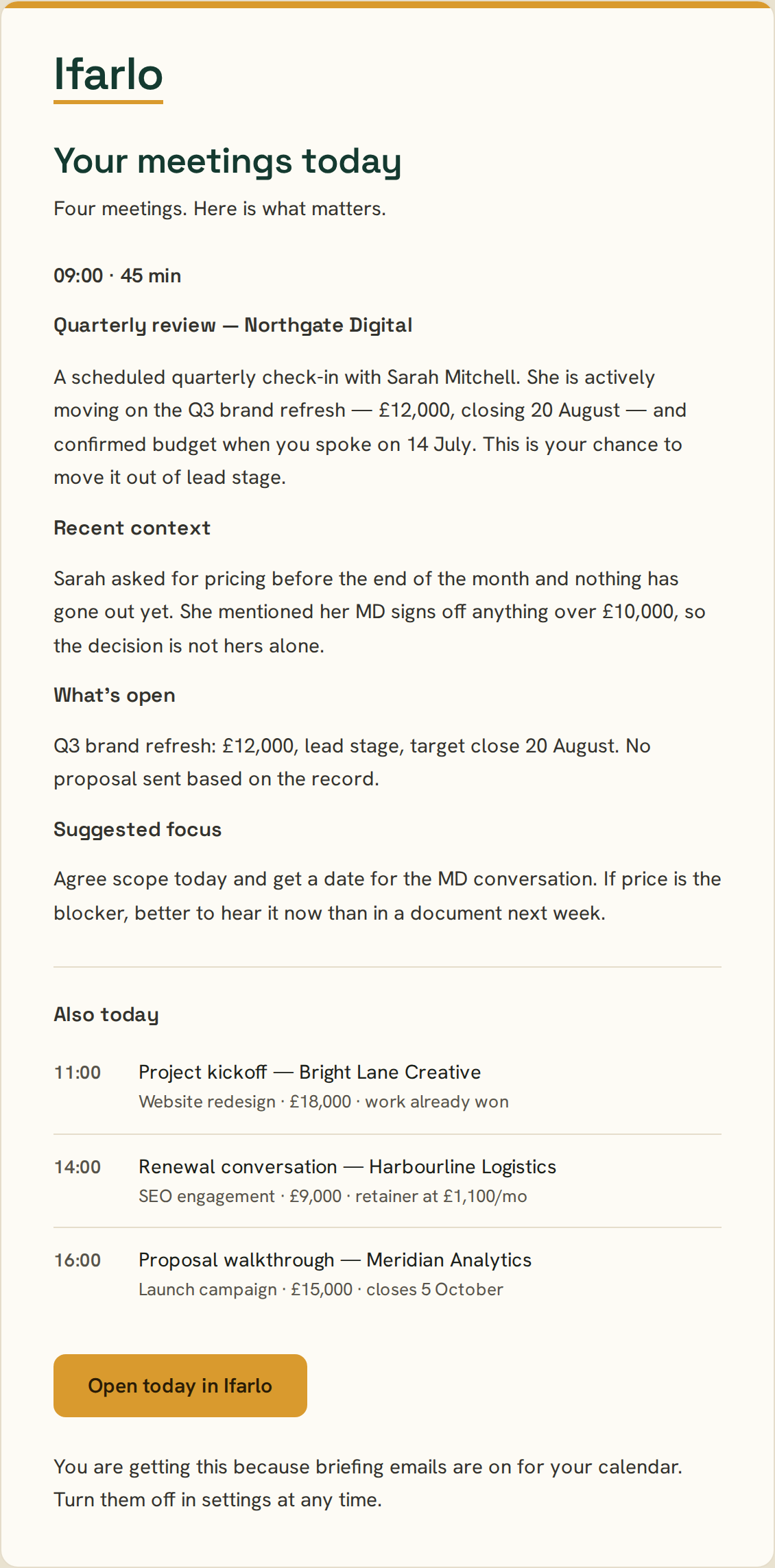 The same pre-meeting briefing delivered by email