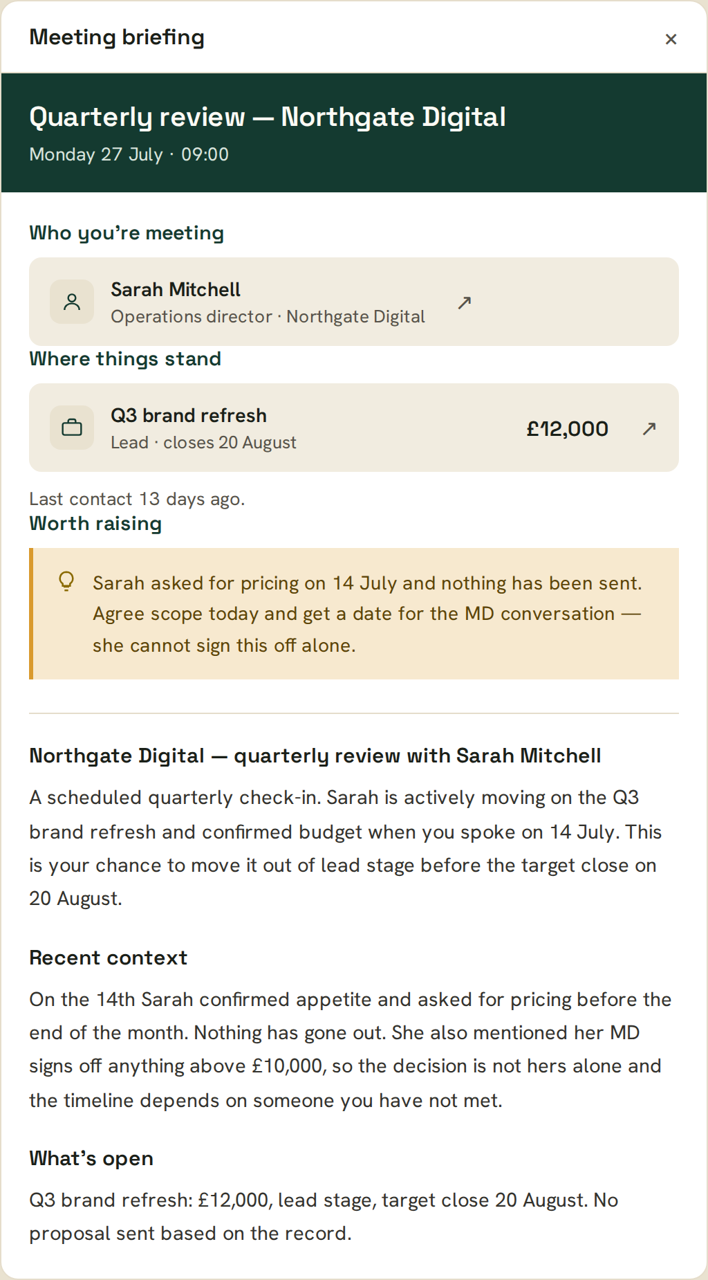 A pre-meeting briefing summarising a contact and open deals