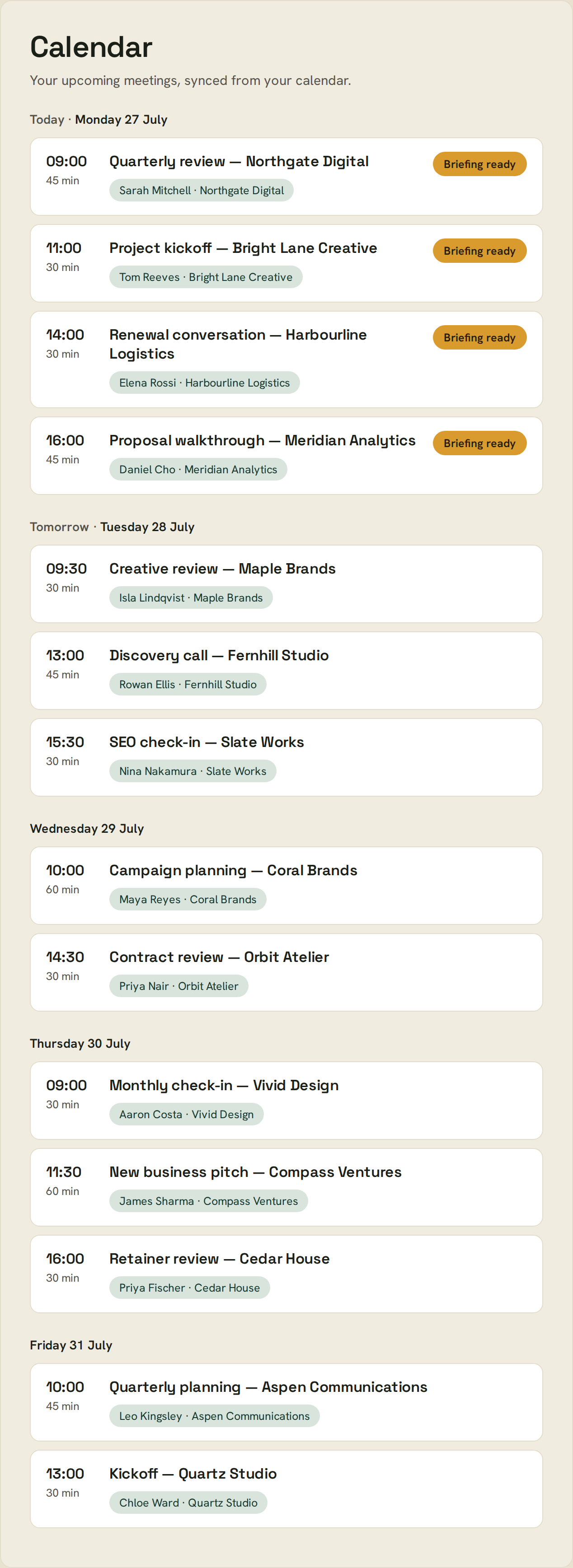 Ifarlo connected to a Google calendar, reading upcoming meetings