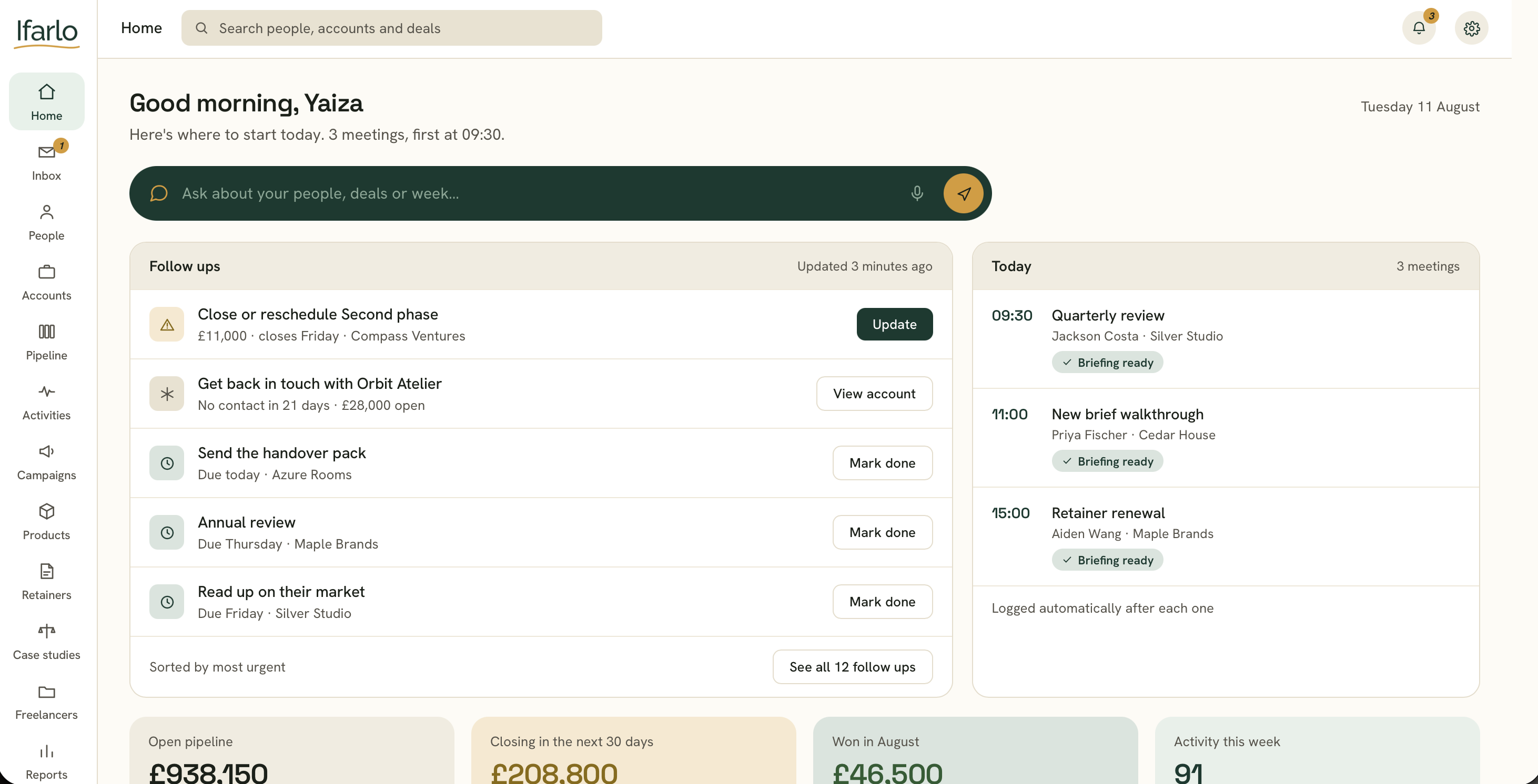 An Ifarlo home screen, showing follow ups, today's meetings and pipeline figures