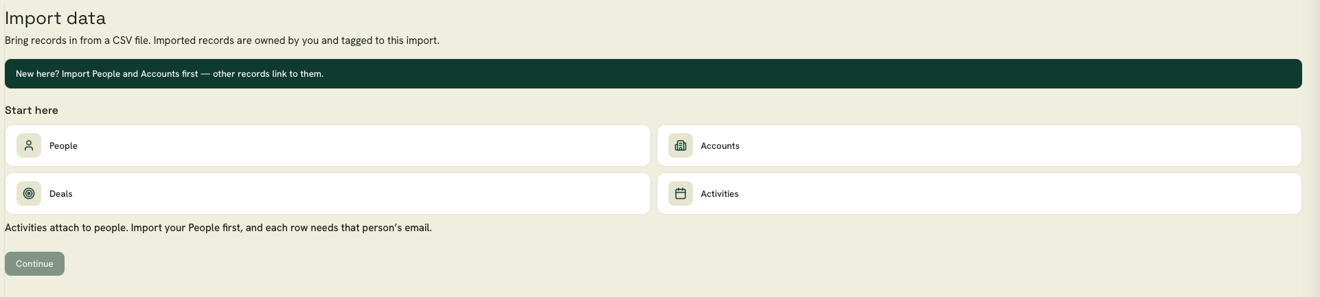 A CSV import mapped to people, companies, deals and past activity
